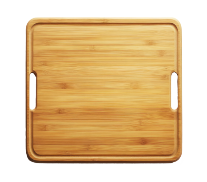 Top view of an empty wooden cutting board with a handle isolate on transparent background