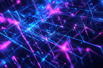 Obraz premium Abstract cyber network with glowing matrix nodes, futuristic data visualization, and a high-tech AI-generated interface. The intricate design includes luminous electric currents, deep blue and purple