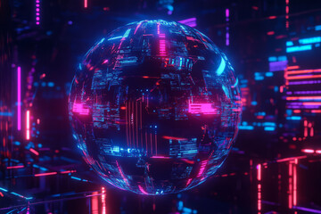 A floating holographic data sphere, composed of interconnected cybernetic nodes, pulsating neon energy waves, and AI-generated digital structures. The futuristic abstract background symbolizes