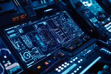 Fototapeta premium High-tech space station interface with glowing holographic controls, futuristic cyber panel designs, deep sci-fi atmosphere, ultra-HD, neon reflections.