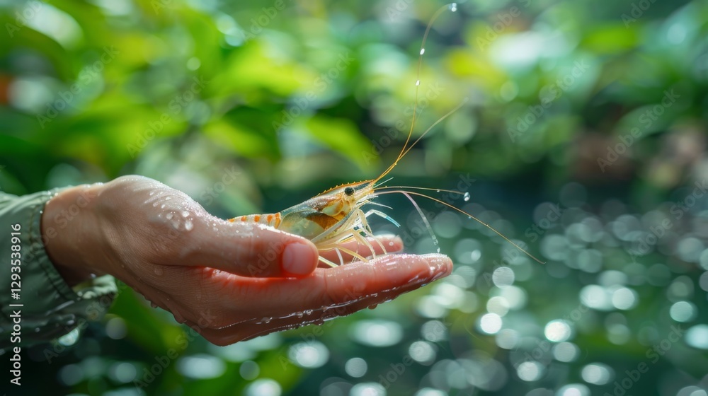 Aufkleber a person gently holds a colorful shrimp with long antennae in an outstretched hand. the background f