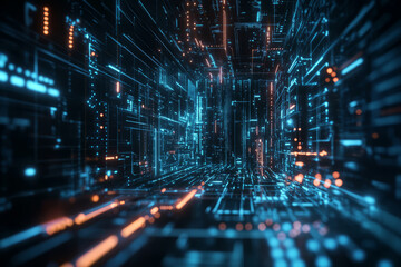 Obraz premium A futuristic digital blueprint, displaying glowing AI-driven schematics, cybernetic pathways, and holographic data streams. The high-tech abstract background represents deep learning, artificial