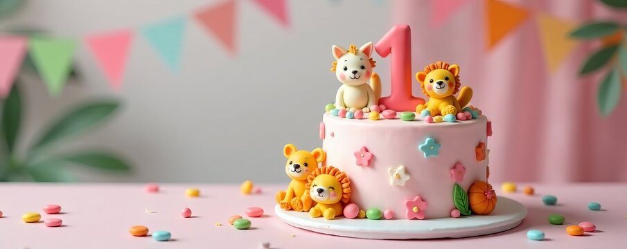 Cute animal themed cake with fondant decorations for first birthday, animal, edible art