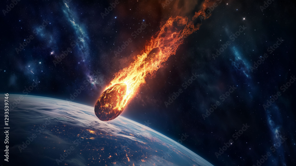 Wall mural meteor hitting earth atmosphere striking ozone layer concept of space extinction threat in future
