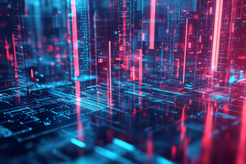 Fototapeta premium Abstract futuristic background with 3D-rendered interconnected geometric shapes, floating digital grids, cyberpunk-style neon lighting, and ultra-detailed reflections. Tech-based visualization, high