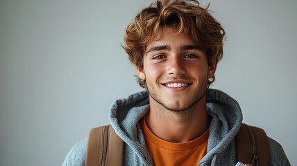 A carefree young man with a radiant smile, embracing a new chapter, against a soft neutral backdrop.