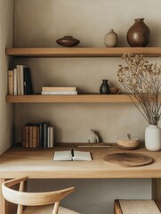 A minimalist workspace with shelves and objects on a desk