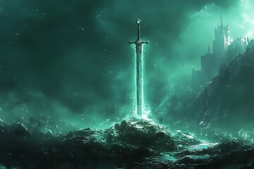 Fototapeta premium Glowing Sword in Dark Fantasy Realm