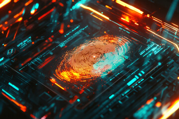 A glowing futuristic fingerprint scanner, featuring intricate cybernetic circuits, holographic security symbols, and pulsating digital energy waves. The high-tech abstract background represents