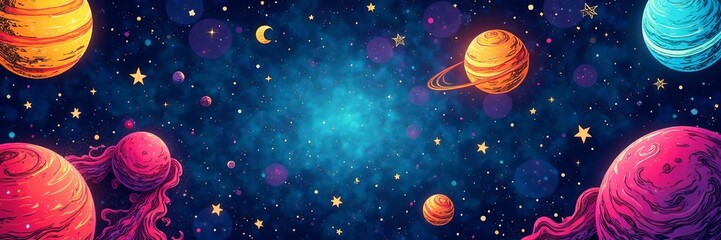 Naklejka premium Abstract colorful seamless doodle space pattern with stars and planets, universe, galaxy
