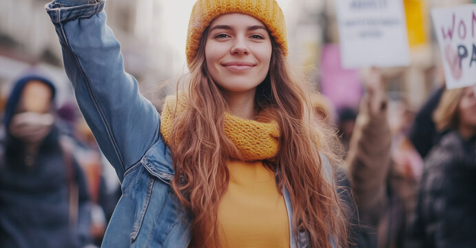 feminist female in protest march celebrating women's day expressing empowerment and leadership to achieve woman's rights on International Women's day
