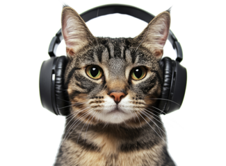 Gray cat wearing black headphones isolate on transparent background