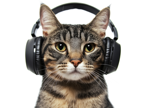Gray cat wearing black headphones isolate on transparent background