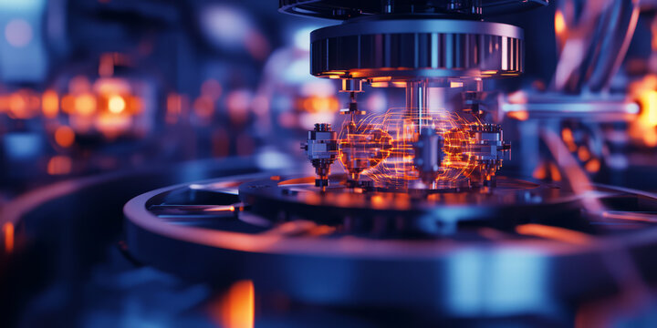 A futuristic AI-driven predictive maintenance network, displaying glowing cybernetic real-time industrial equipment diagnostics pathways, pulsating holographic operational efficiency optimization