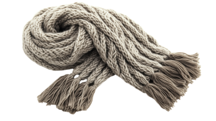 Cozy knitted scarf with fringed ends displayed on a clean white background