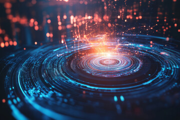 Fototapeta premium A swirling vortex of AI-powered energy, forming an intricate holographic representation of deep machine learning and neural network processing. The futuristic high-tech background represents