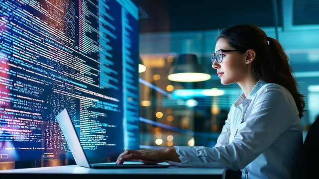 Young Female Developer Programming in Modern Tech Workspace