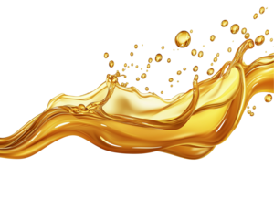 A realistic splash of golden cooking oil spreading in various directions, with small droplets suspended in the air,