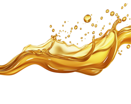 A realistic splash of golden cooking oil spreading in various directions, with small droplets suspended in the air,