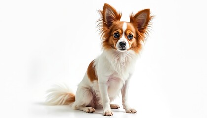 Graceful Papillon dog sitting on white background. Cute pet with distinctive butterfly-like ears. Puppy with brown, white fur poses isolated in studio, pure breed canine portrait, small happy mammal.