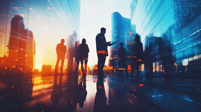 Silhouetted people in urban sunset, reflections on glass buildings