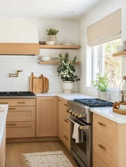A modern kitchen showcases natural wood and bright lighting