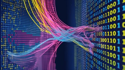 Big data technology and data science illustration. Data flow concept. Querying, analysing, visualizing complex information. Neural network for artificial intelligence. Data mining. Business analytics