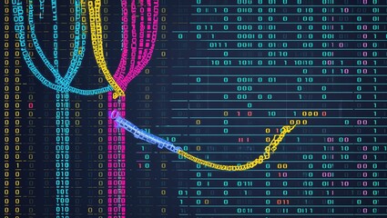 Big data technology and data science illustration. Data flow concept. Querying, analysing, visualizing complex information. Neural network for artificial intelligence. Data mining. Business analytics 