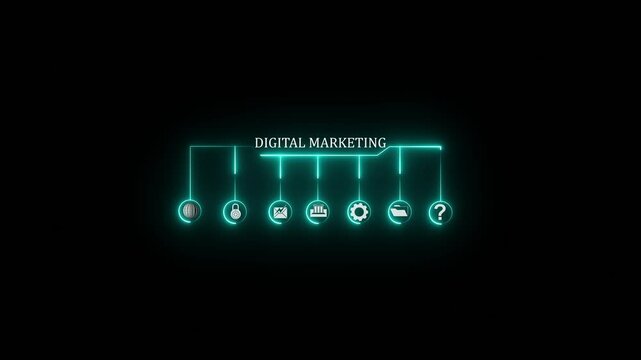 Glowing neon line banner of digital marketing concept with icons of branding, advertising, SEO, social media. on black background
