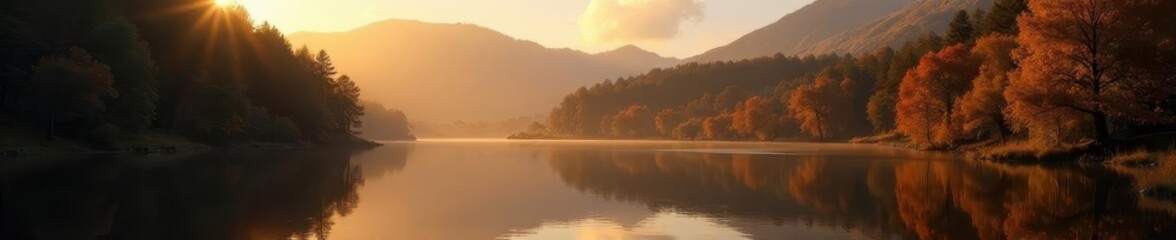 Obraz premium Golden sunlight bathes Tarn Hows' autumnal trees and still water , autumn, scenic, hues