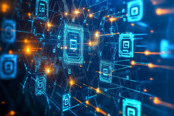 A futuristic quantum AI-powered interface, displaying glowing cybernetic encryption nodes, pulsating holographic blockchain security symbols, and swirling digital machine learning pathways. The