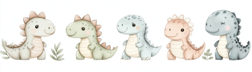 Adorable baby dinosaurs in pastel colors, featuring various expressions and designs, perfect for children illustrations and decor