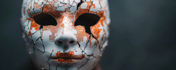 cracked mask with digital pixel effects symbolizes fragmentation