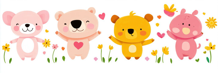 Cute cartoon animals with flowers and hearts, featuring pink bear, light brown bear, yellow bear, and pink pig, all expressing joy and happiness