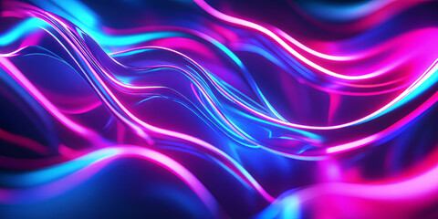 Naklejka premium A futuristic abstract background with cascading, glowing neon arcs dynamically expanding across a seamless digital holographic field. The interplay of radiant reflections and smooth fluid motion