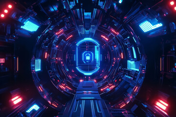 Fototapeta premium A mesmerizing visualization of futuristic data encryption, featuring glowing cybernetic lock symbols, holographic digital keys, and pulsating AI-driven neural pathways. The high-tech background