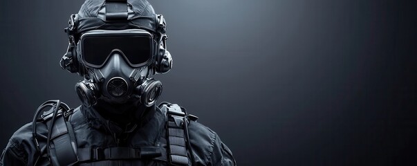 Fierce battle sci-fi soldier in advanced gas mask futuristic battlefield action scene dark environment dynamic perspective