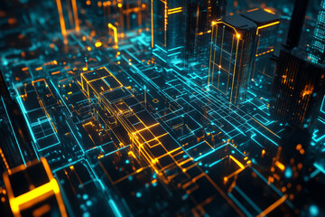 Futuristic city grid visualization with glowing pathways, digital light connections, cyber technology-inspired, ultra-HD, sci-fi innovation theme, neon aesthetic.