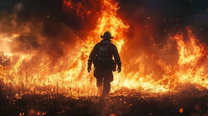 Fototapeta premium Firefighter battling intense flames, showcasing bravery and physical power 