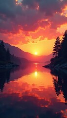 Fototapeta premium Golden hour paints District Lake, vibrant sunset hues reflect on calm water , colours, photography, lake