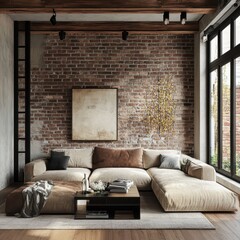 A stylish living room with exposed brick and sofa