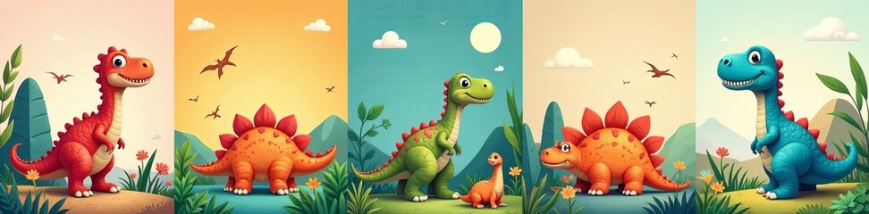 Obraz premium Set of seamless backgrounds with cute dinosaur characters, prehistoric, cartoon