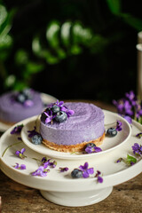 Vegan raw blueberry cheesecake. Wooden background, viola, blueberry 