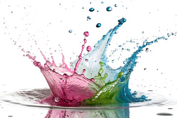 Realistic water splash tinted in bright Holi festival colors, captured mid-motion on a white background.
