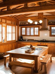 A wooden table in a kitchen featuring its rustic interior