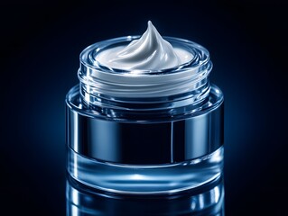 Elegant glass jar filled with creamy moisturizer, illuminated against a dark blue background