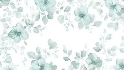 Seamless pattern with small leaves and flowers in muted teal green on a white background.