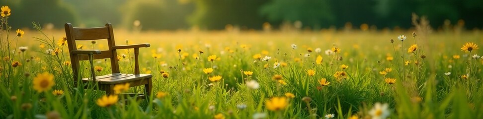 Fototapeta premium Vintage wooden chair hidden in tall overgrown field, furniture, vintage