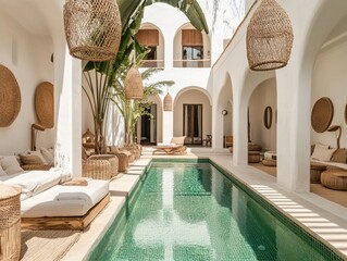 A pool with a white archway above it. The archway is decorated with a wicker basket