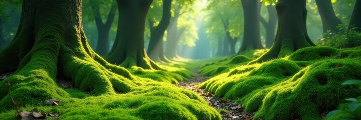 Fototapeta premium Emerald moss carpet, ancient trees, dappled sunlight, branches, beauty
